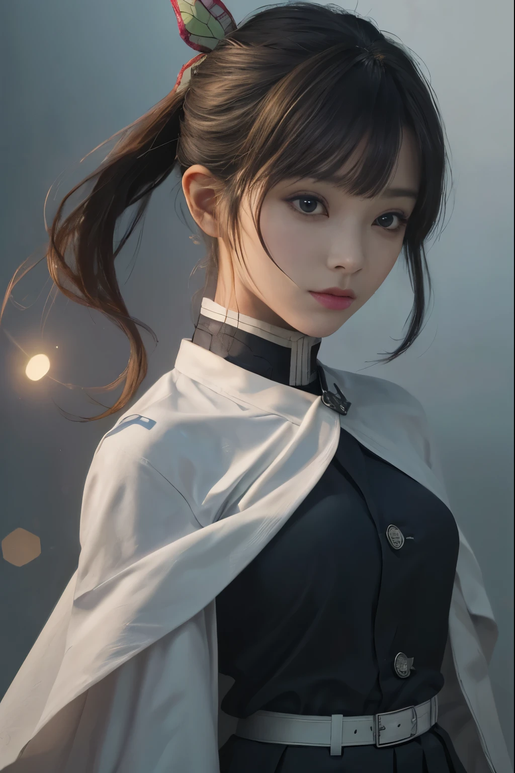 (RAW Photos, highest quality), (Realistic, Photorealistic Truth: 1.3), highest quality, Very detailed, masterpiece, Ultra-detailed, figure, One girl, kanao tsuyuri, ((Bangs Patsun,Side ponytail)),(( Demon Slayer uniform:1.4)), Butterfly Hair Ornament,( white belt), ( White Cape),, (Black jacket), (Pleated skirt), belt, (Black Skirt), knees, buckle, belt buckle, upper_body, Dynamic Angle, World Mastery Theatre, long hair flying, Fluorescent Centred, highest quality, Highly detailed CG integrated 8K wallpaper, ink, wonderful, Cinema Lighting, lens_Flare, wuxia_style,(((Straight Bangs:1.4))),(blunt bangs:1.4), Natural makeup,Attractive posture, Giant tit, Close-up,A broad perspective,