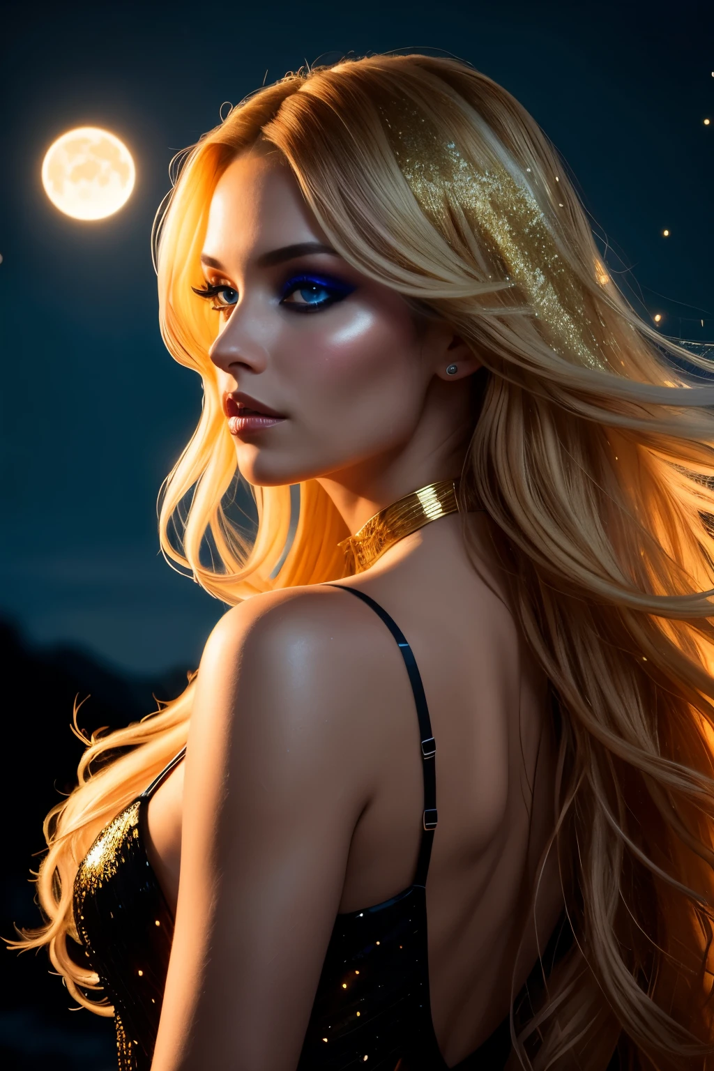 Photo of a 27-year-old woman, raw, Gorgeous face, (Left view), head part, backlit, glittering highlights accentuating cheekbones, starring eyes with a mysteriously dark moon background, hyper-realistic, silhouetted, cinematic portrait, HD, glowing skin with a subtle water sprinkle effect, face only, extremely colourful and exaggerated make-up with long, golden hair cascading down, created using unreal Engine.