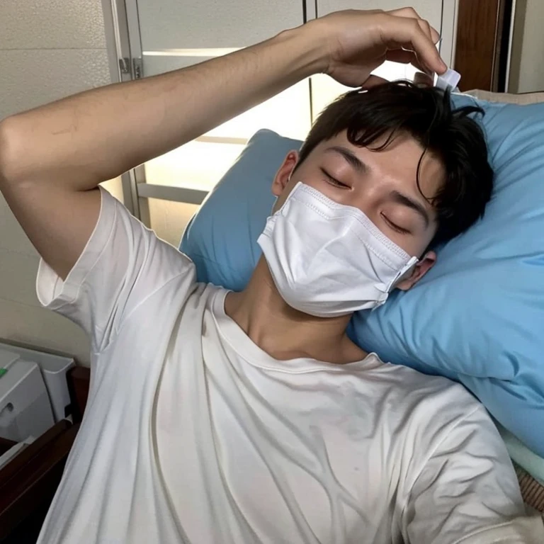 Handsome10A boy about 18 years old has an infectious disease and looks distressed. He is wearing a white mask. He has a high fever. He is sleeping. He is coughing. He is exhausted. He is taking his temperature with a thermometer. He looks like he is about to die.