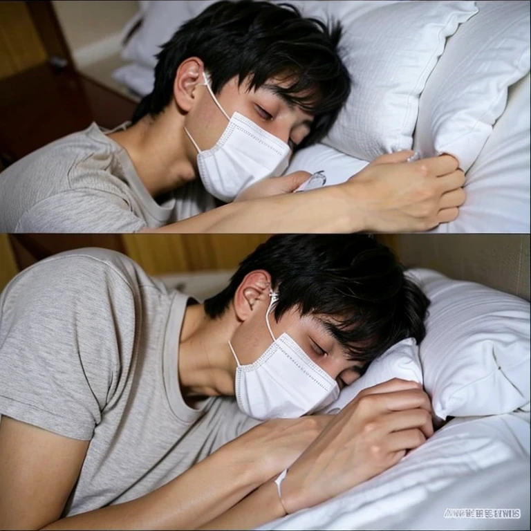 Handsome10A boy about 18 years old has an infectious disease and looks distressed. He is wearing a white mask. He has a high fever. He is sleeping. He is coughing. He is exhausted. He is taking his temperature with a thermometer. He looks like he is about to die.