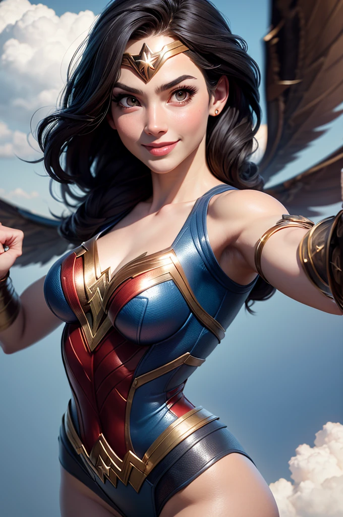 Wonder woman, realism style, Glowing skin, solo, Wonder woman, big light brown eyes, medium breasts, Cartoon hero, Natural light, Defined lips, Strong physical strength, Feminine body,  cropped legs, , flies into the clouds, front view, (Smile:1.1), background should be epic, stunning background, realistic colors, front view, light coming from the right,  (((looking in camera))), Camera orientation, (flying Pose:1.5)), 8K image quality, Masterpiece