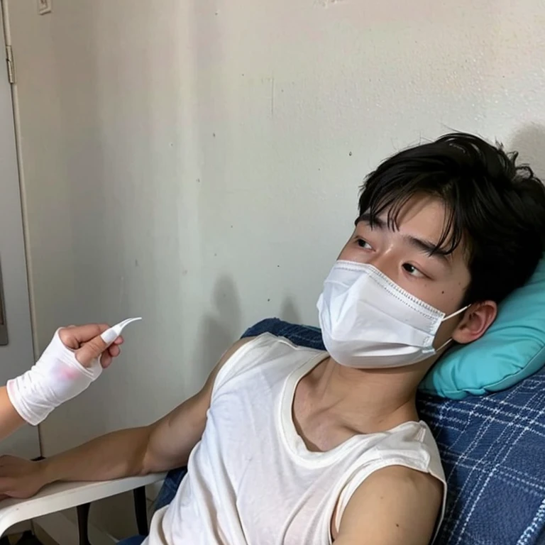 Handsome10A boy about 18 years old has an infectious disease and looks distressed. He is wearing a white mask. He has a high fever. He is sleeping. He is coughing. He is feeling exhausted. His temperature is being measured with a thermometer.