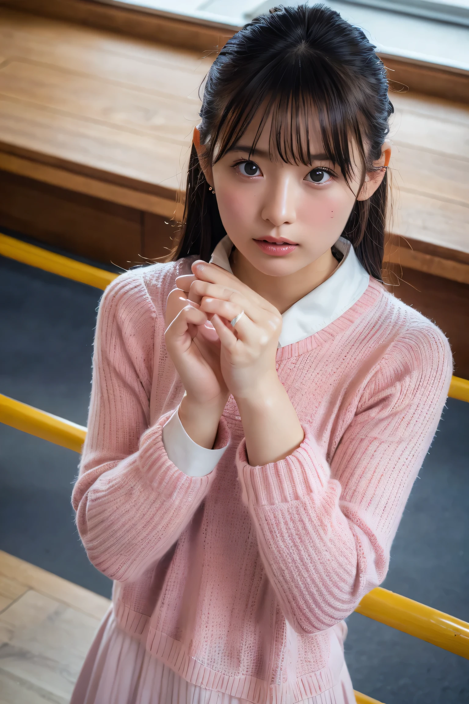 (8k, RAW Photos,highest quality, High resolution:1.1), (Ultra-realistic:1.4),(Realistic, Realistic:1.3),The Beauty of Japan、Rhythmic gymnastics club、Rhythmic Gymnastics Uniform、((Upper Body:1.3)),Maid Cafe、((Maid:1.3)),(Pink knitted sweater:1.3),Looking up、Shot from above、