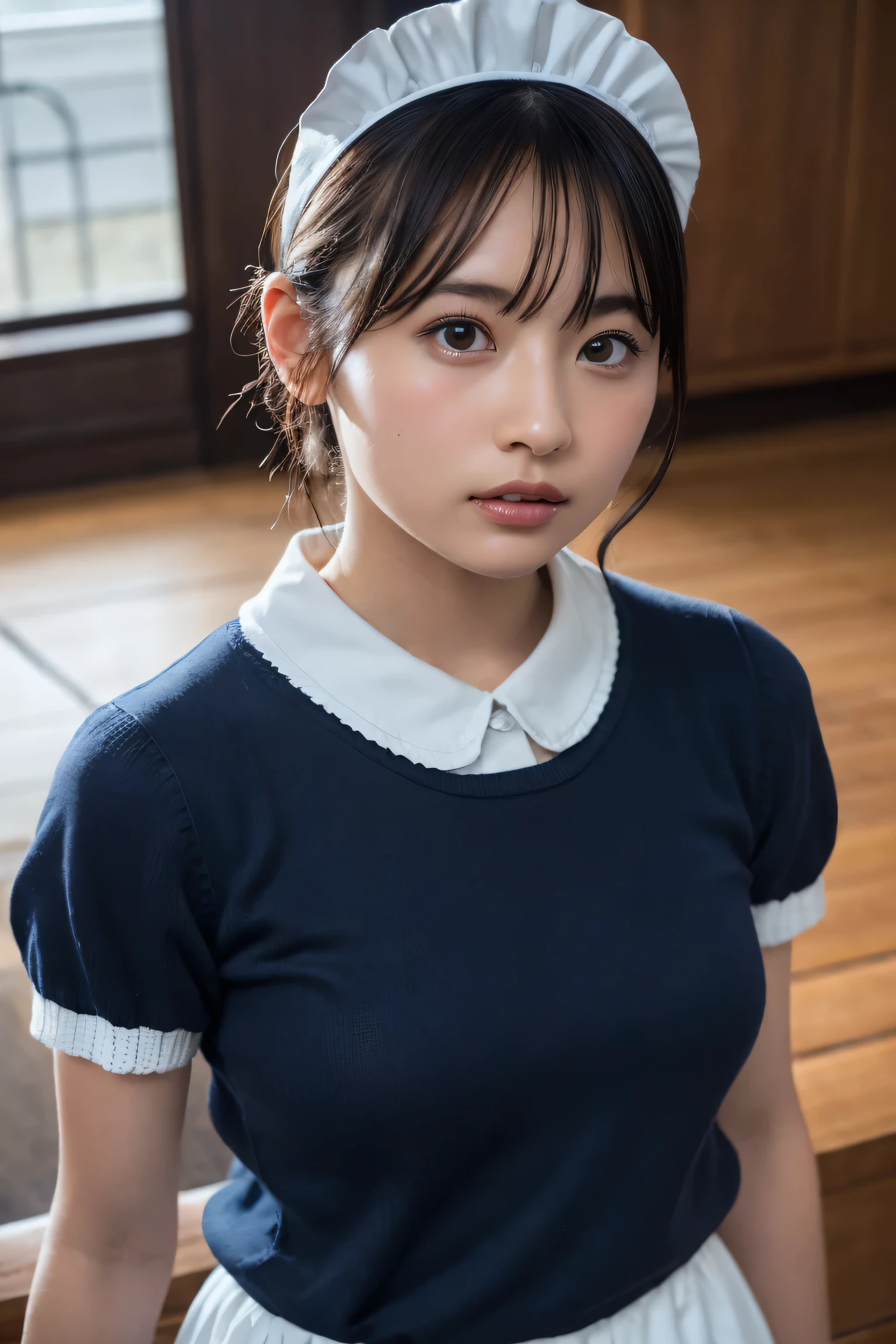 (8k, RAW Photos,highest quality, High resolution:1.1), (Ultra-realistic:1.4),(Realistic, Realistic:1.3),The Beauty of Japan、Rhythmic gymnastics club、Rhythmic Gymnastics Uniform、((Upper Body:1.3)),Maid Cafe、((Maid:1.3)),(Pink knitted sweater:1.3),Looking up、Shot from above、