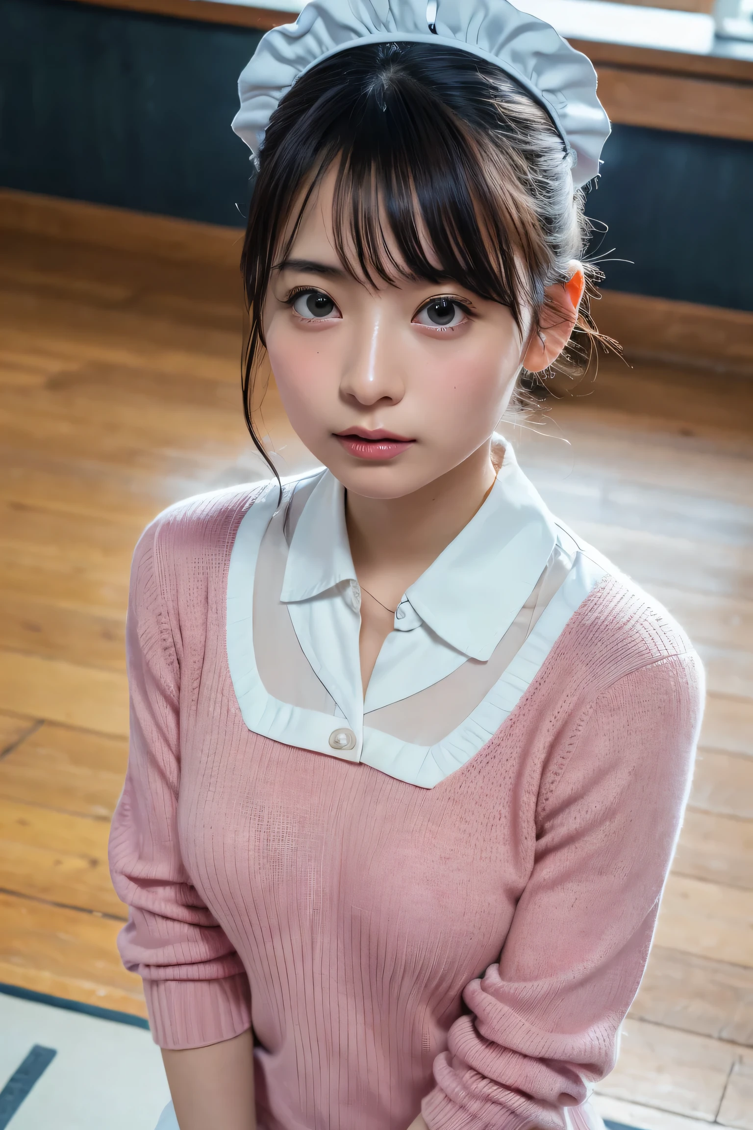 (8k, RAW Photos,highest quality, High resolution:1.1), (Ultra-realistic:1.4),(Realistic, Realistic:1.3),The Beauty of Japan、Rhythmic gymnastics club、Rhythmic Gymnastics Uniform、((Upper Body:1.3)),Maid Cafe、((Maid:1.3)),(Pink knitted sweater:1.3),Looking up、Shot from above、