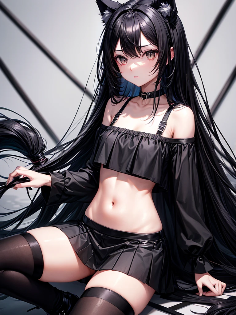 Black long hair girl black cat ears black eyes black cat tail wearing black crop top black skirt black socks locked inside black cage