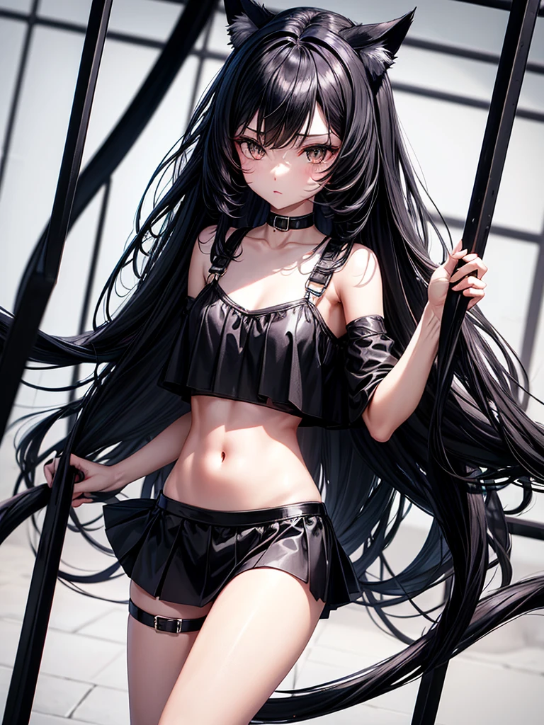 Black long hair girl black cat ears black eyes black cat tail wearing black crop top black skirt black socks locked inside black cage