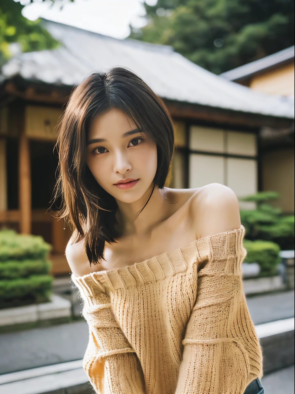 (top-quality、8K、masterpiece:1.2), (Cute Japan Beautiful Girl、18year old:1.4)、(Neat and beautiful face、the golden ratio:1.5)、 (Very fine eye definition, Symmetrical eyes:1.3), (Brown eyes, Parted bangs, Lustrous black hair:1.2)、(Perfect body without contradiction、Perfect limbs without contradiction:1.7)、(shinny skin:1.2)、(Beautiful large breast:1.7)、(Constricted waist:1.5)、(Off-the-shoulder loose knit、tight miniskirt:1.3) 、(bending forward:1.2)、(Looking at the camera:1.4)、outside of house、the wind、optic、blurry backround