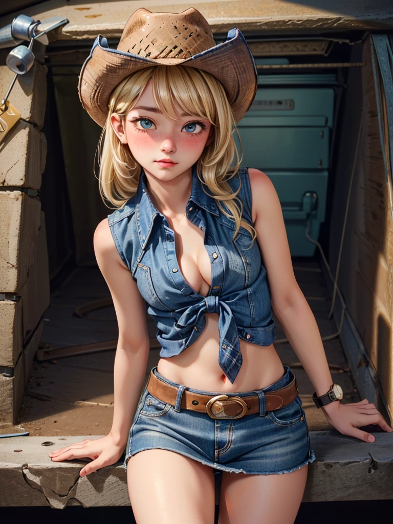 (((1 person:2.0))),(((Cowgirl Costume))),(((Slim body 1.5))),(((Small Ass))),(((Denim mini skirt))),(((Wear a western hat))),(((Wear one belt))),(((He is wearing a sleeveless collared shirt, Plaid, front tie shirt.))),(((Wearing an accurate watch))),(((Sandals))),(((Showing cleavage))),(((Showing your belly button))),(((Exposing thighs))),(((Small breasts:1.5))),(((Bare arms))),(((Her hair is blonde))),, Beautiful detailed girl, Very detailed目と顔, 緻密でBeautiful Eyes, Very detailed, High resolution, highest quality, masterpiece, Very detailed, 8k wallpaper, wonderful, finely, highest quality, The light shines on your face,(((basement:1.5))),((Dark indoors)),Beautiful Eyes,(((Blushed face:1.2))),(((Cowboy Shot:1.5))),(((Being drunk:1.5)))
