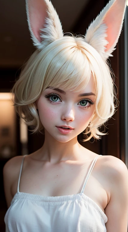 (Masterpice), (HD), (Detailed) ,( piece of art), blonde haired woman in white top and bunny ears posing for camera, very beautiful cute catgirl, beautiful young catgirl, white cat girl, perfect white haired girl, her hair is white, she has a cute face, attractive cat girl, blonde goddess, girl with short white hair, young and cute girl, she has a cute expressive face, amouranth