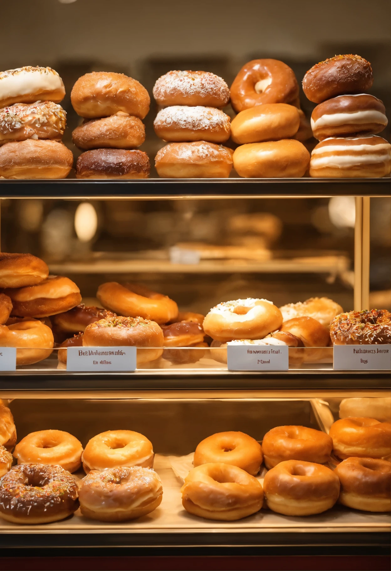 a close up of a display case filled with lots of donuts, fr esh bakeries in the background, hybrid, bagels, by Dietmar Damerau, by Tom Wänerstrand, super reali stic food picture, by Anna Haifisch, enes dirig, by Emm a Andijewska, mixed art, eating a donut