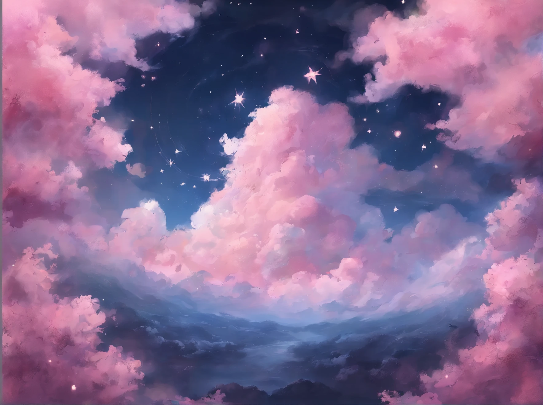 a painting of a crescent and stars in the sky, dreamy night, detailed dreamscape, fluffy pink anime clouds, space clouds, anime clouds, anime background, beautiful iphone wallpaper, dreamy clouds, background art, aesthetic clouds in the sky, fantasy puffy sky, anime background art, wallpaper aesthetic, cosmic sky, sitting on the cosmic cloudscape, cloudy night, night clouds