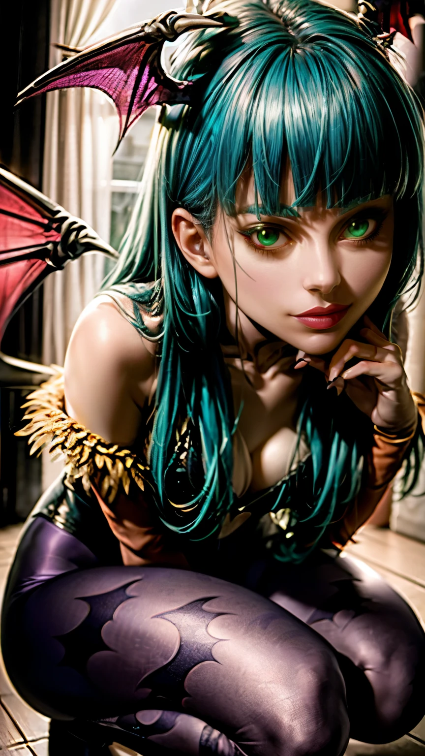 Maximum quality、obra-prima、super high resolution、(fotorrealista:1.4)、1 garota、Cabelo longo verde brilhante、cabelo liso, cabelos brilhantes e limpos、cabelo verde claro, olhos verdes , Pele branca e brilhante、Garota sexy、((detalhes super realistas))、sombra、octane rendering、ultra-afiado、rosto hiperdetalhado、Fibra de vidro、detalhes altamente intrincados、Realistic luz、CGSoação Trends、(Facing the camera)、neon details、Asas de morcego roxas nas costas, small bat wings on the head、a noite estrelada, Light purple tights printed with silhouettes of dark purple bat symbols scattered randomly on the light purple tights, in the background the moon in the starry sky, 、(luz_sorriso:1.0)