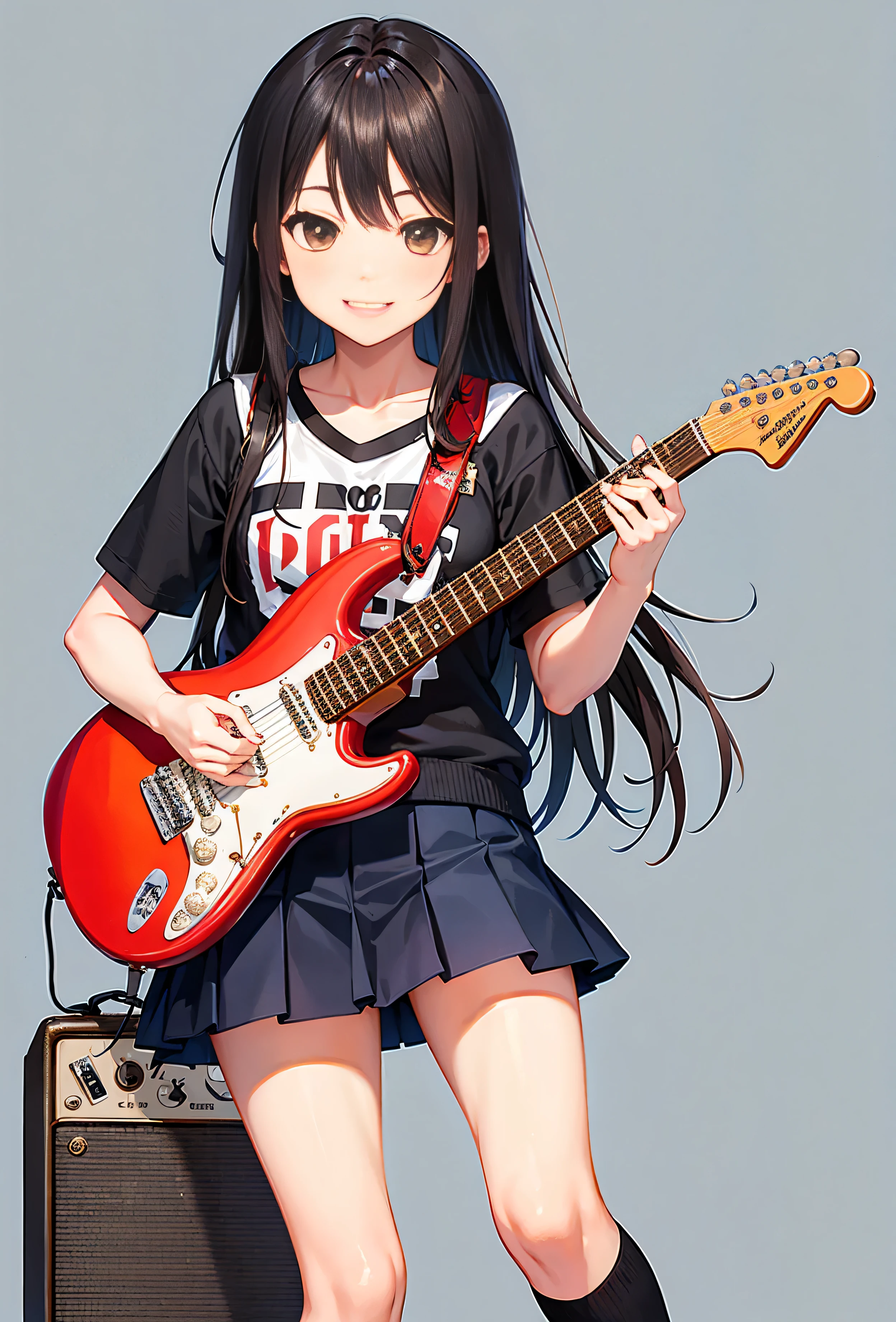 band、rock、high 、guitarist、Fender Stratocaster、Long Hair,smile,Simple Background