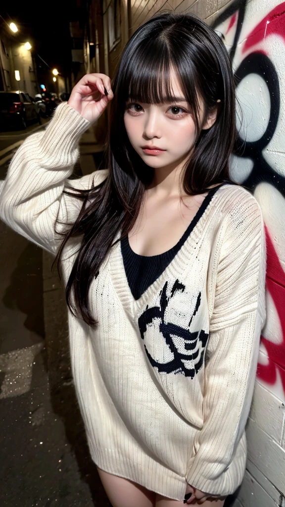 muster piece, best quality, illustration, Super detailed, fine details, High resolution, 8K,wall paper, perfect dynamic composition,(Details High quality, realistic depiction of eyes:1.3),  (Japanese teenage girl standing in a dirty back alley at night, hands on head, graffitied wall:1.1), ((white hand-knitted long sweater, v-neck sweater, oversized clothes)), black hair color, Big Natural Color Lip,  seductive face, provocative look, crying a little、cold gaze, Harajuku style、(graffiti), night time, 20 year old girl、cute type、lolita, Gravure Idol, full body photo、focus on crotch, huge breasts