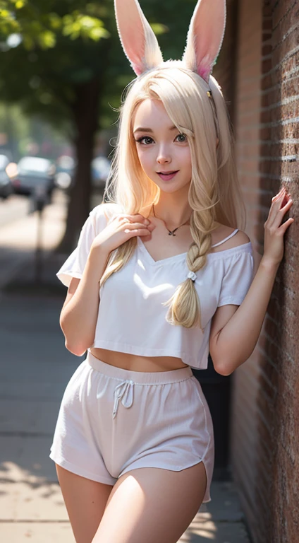 (Masterpice), (HD), (Detailed) ,( piece of art), blonde haired woman in white top and bunny ears posing for camera, very beautiful cute catgirl, beautiful young catgirl, white cat girl, perfect white haired girl, her hair is white, she has a cute face, attractive cat girl, blonde goddess, girl with short white hair, young and cute girl, she has a cute expressive face, amouranth