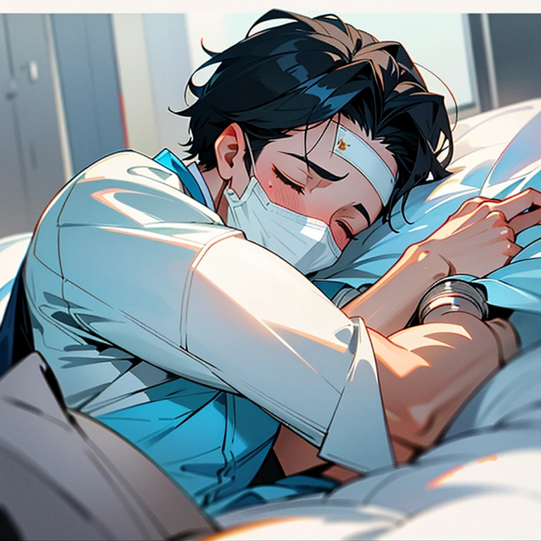 Handsome10A boy about 18 years old has an infectious disease and looks in pain. He is wearing a white mask. He has a high fever. He is sleeping. He is coughing. He is exhausted. He is taking his temperature with a thermometer. He is dying. He has a cooling gel sheet on his forehead.