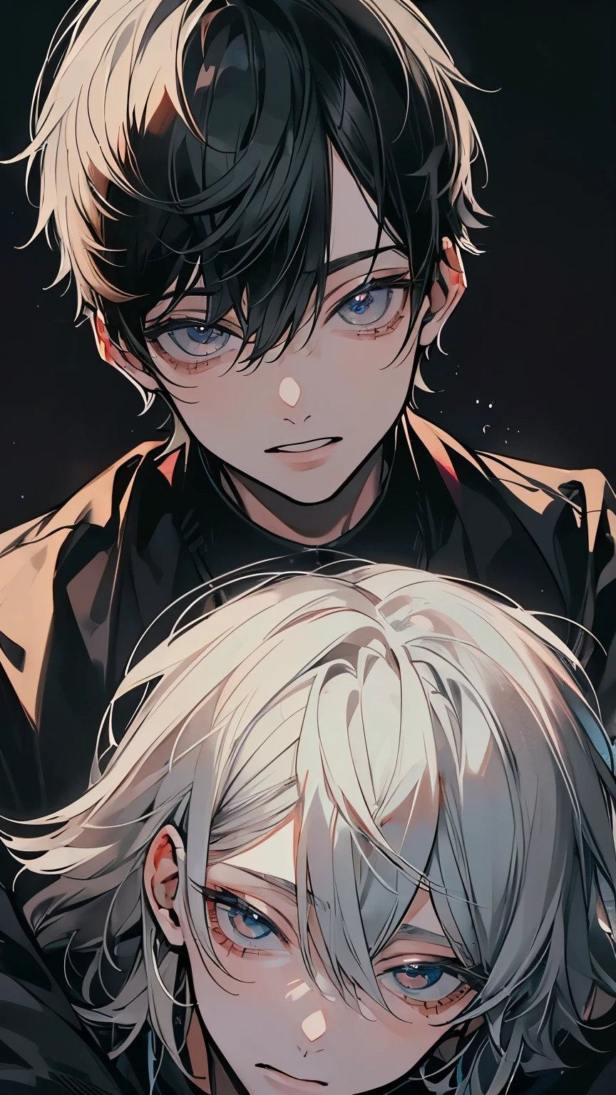 (Mastepiece), (Best Quality), Very detailed, ((Two men intimate:1.5)), Perfect Face, Beautiful Face, Very detailedな顔,(Black-haired man:1.3),(Grey-haired man:1.3)、(smile:1.4)