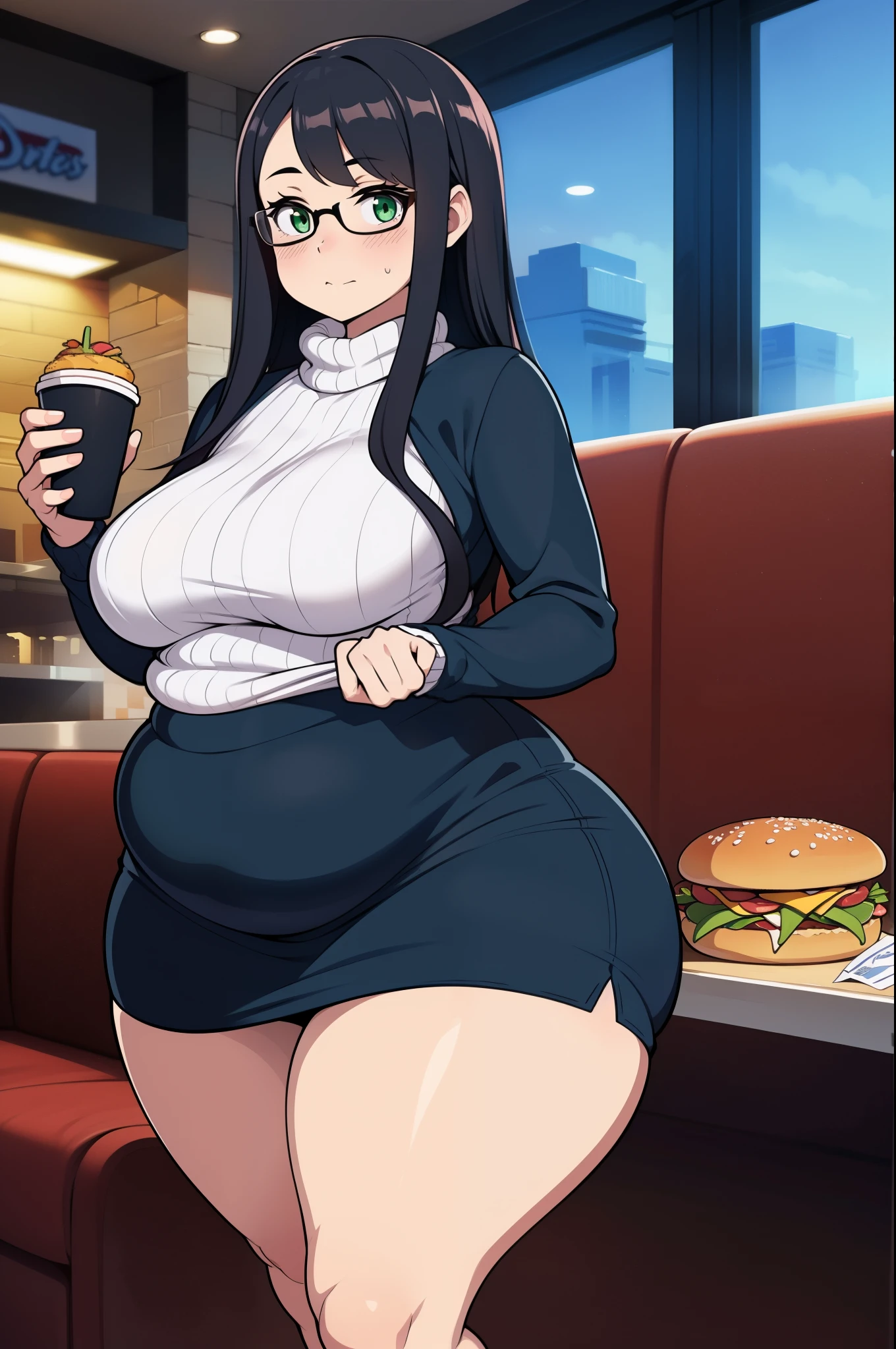 ((Masterpiece)), perfect anatomy, perfect shading, field of depth, (best quality), extremely delicate and beautiful, perfect lighting, detailed face, ultra cute face, cute, ((1girl)), ((solo))

long fluffy black hair, glasses, green eyes, ((blush)), nervous, looking at viewer, sweater, short skirt, medium breasts, ((thick thighs)), (wide hips), ((plump)),

intricate background, detailed background, fast food restaurant,
