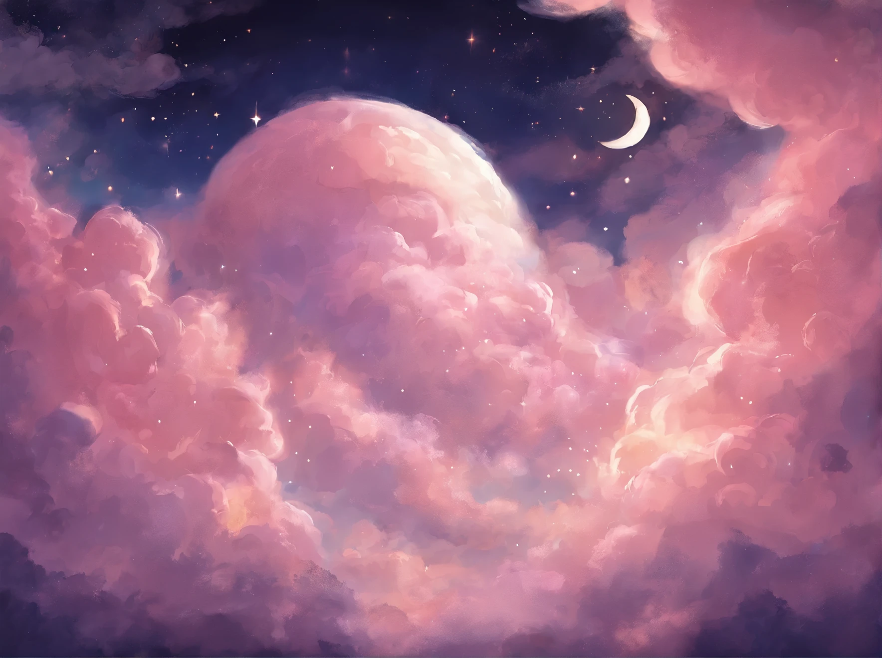 a painting of a crescent and stars in the sky, dreamy night, detailed dreamscape, fluffy pink anime clouds, space clouds, anime clouds, anime background, beautiful iphone wallpaper, dreamy clouds, background art, aesthetic clouds in the sky, fantasy puffy sky, anime background art, wallpaper aesthetic, cosmic sky, sitting on the cosmic cloudscape, cloudy night, night clouds