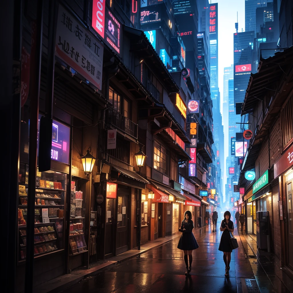 [Girl in white dress:5] exteriors，Cyberpunk streets, ascii art  (Pixel 8 bit style:1.1)，