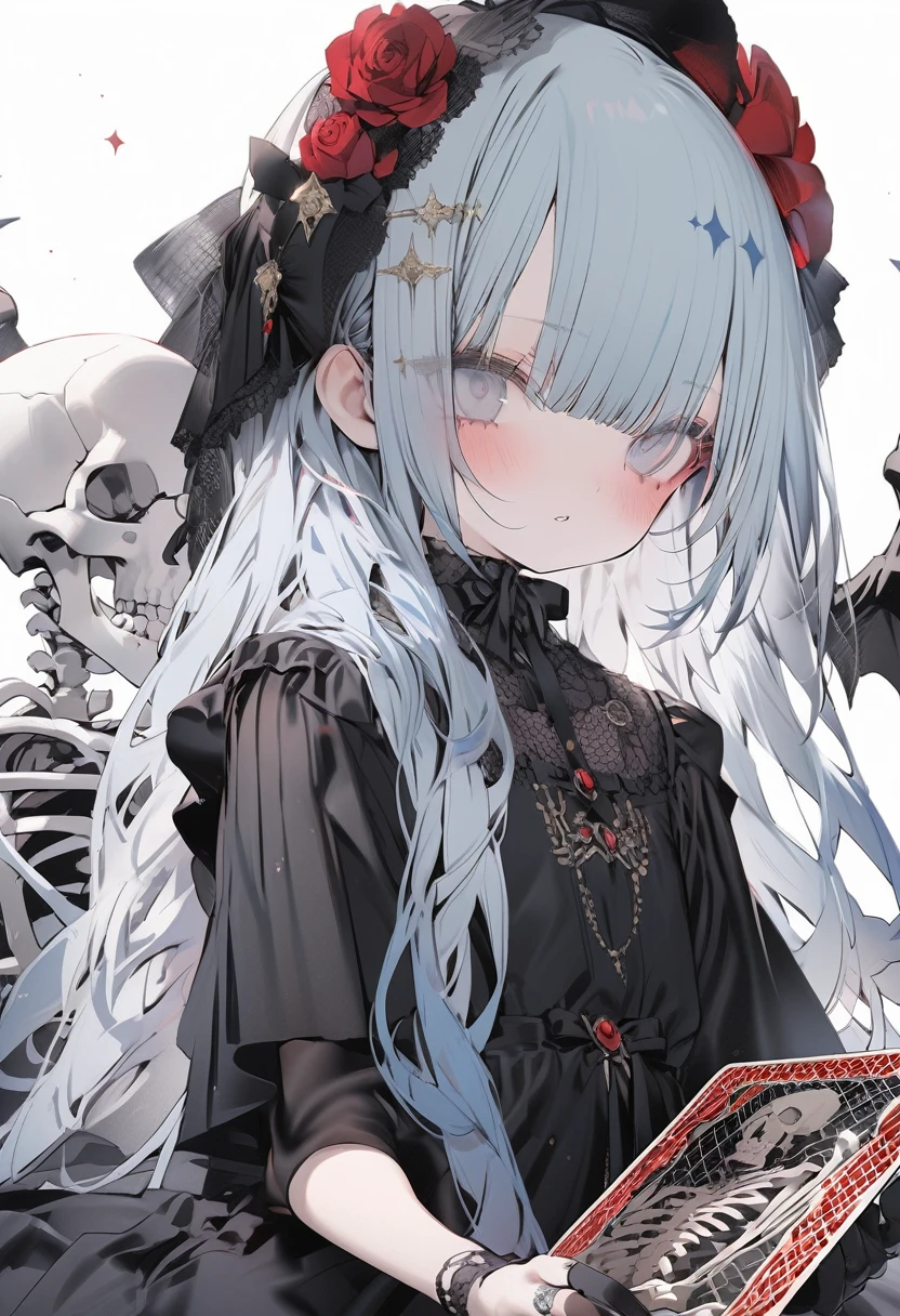 masterpiece, best quality, extremely detailed, (illustration, official art:1.1), 1 girl ,(((( light blue long hair)))), light blue hair, ,10 years old, long hair ((blush)) , cute face, big eyes, masterpiece, best quality,(((((a very delicate and beautiful girl))))),Amazing,beautiful detailed eyes,blunt bangs((((little delicate girl)))),tareme(true beautiful:1.2), ,masterpiece, best quality,1girl, solo, flower, long hair, rose, red hair, red flower, heart, grey eyes, thorns, red rose, vines, dress, looking at viewer, parted lips, bangs, black flower, black dress, gloves, holding, plant, very long hair, skeleton, ring, white background, black rose, picture frame, card, frills, black gloves, white eyes, blurry 
////////, 