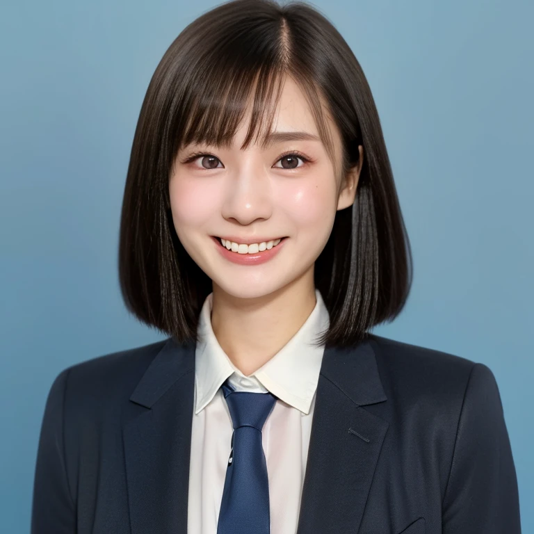 NSFW, (kawaii 24 year-old Japanese girl, Nogizaka idol, Korean idol), (glossy hair, very short hair, bangs:1.3), (beautiful black eyes, rounded face, single eyelid, no makeup, splash laughing:1.3), (wearing suit jacket, collared shirt, necktie:1.3), (extra small breasts:0.9), BREAK, (simple blue background:1.3), (view from forward, bust shot:1.3), BREAK, (masterpiece, best quality, photo realistic, official art:1.4), (UHD, 8K quality wallpaper, high resolution, raw photo, golden ratio:1.3), (shiny skin), professional lighting, physically based rendering, award winning, (highly detailed skin, extremely detailed face and eyes), Carl Zeiss 85 mm F/1.4, depth of field, (1girl, solo:1.3),
