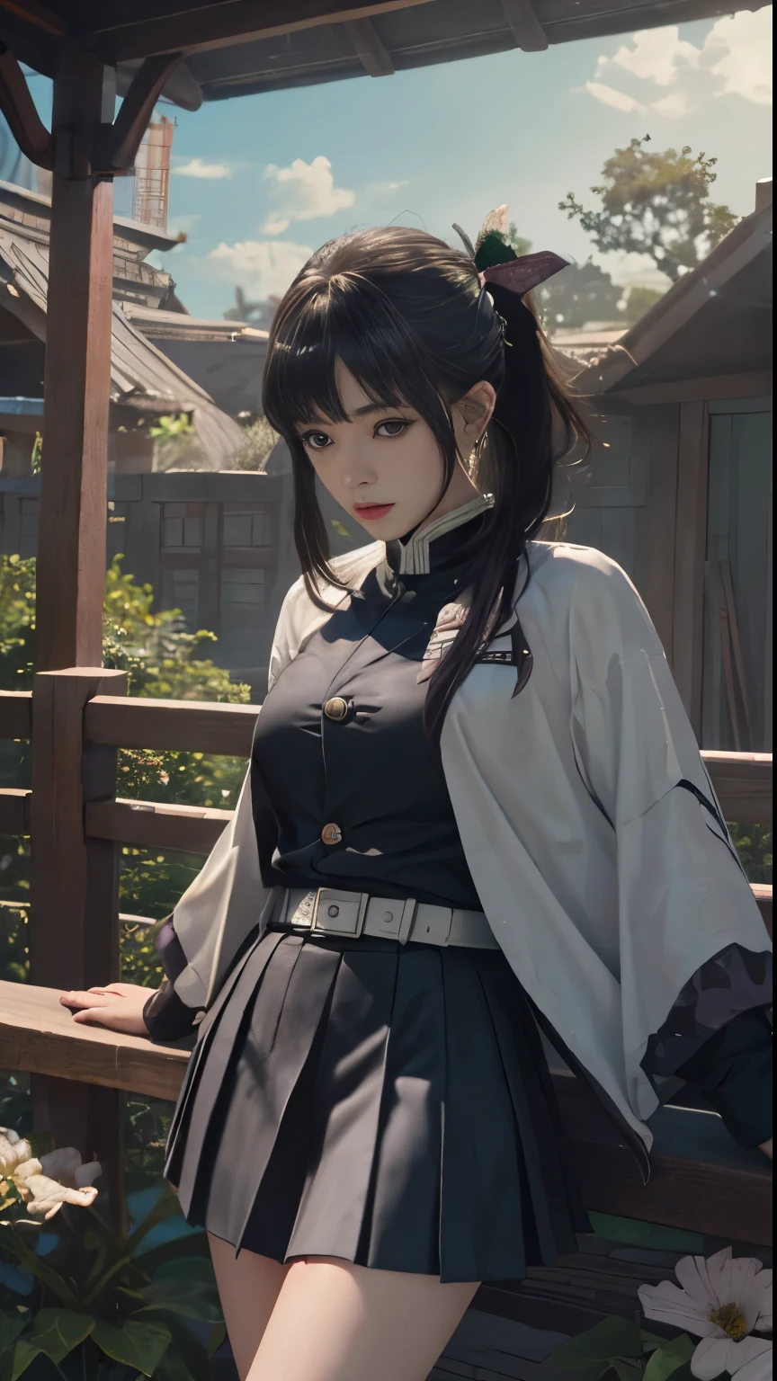 (RAW Photos, highest quality), (Realistic, Photorealistic Truth: 1.3), highest quality, Very detailed, masterpiece, Ultra-detailed, figure, One girl, kanao tsuyuri, ((Bangs Patsun,Side ponytail)),(( Demon Slayer uniform:1.4)), Butterfly Hair Ornament,( white belt), ( White Cape),, (Black jacket), (Pleated skirt), belt, (Black Skirt), knees, buckle, belt buckle, upper_body, Dynamic Angle, World Mastery Theatre, long hair flying, Fluorescent Centred, highest quality, Highly detailed CG integrated 8K wallpaper, ink, wonderful, Cinema Lighting, lens_Flare, wuxia_style,(((Straight Bangs:1.4))),(blunt bangs:1.4), Natural makeup,Attractive posture, Giant tit， Close-up,A broad perspective,