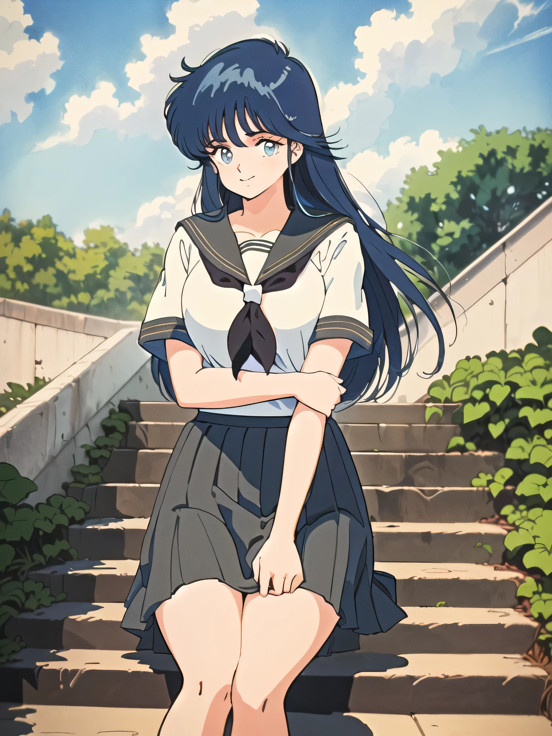 (masterpiece, high quality、Vivid colors:1.0、(Anime Style, Retro art style, Clean brush strokes, Very detailed, Perfect Anatomy, Browsing Caution)、1 girl、 alone、((ayukawa madoka)), (Beautiful, detailed eyes)、blue eyes、(Blue Hair、Long Hair、Parted bangs、Hair blowing in the wind)、smile、Cowboy Shot、(Huge :1.7、(Sailor suit、Short sleeve))、Narrow waist: 1.0、Wide Hips 1.4、(Midi Skirt:1.0、 School Uniforms)、(Sit on the stairs)、Looking at the audience、(null、 garden、 Stairs on the hill),、Shot from below、
