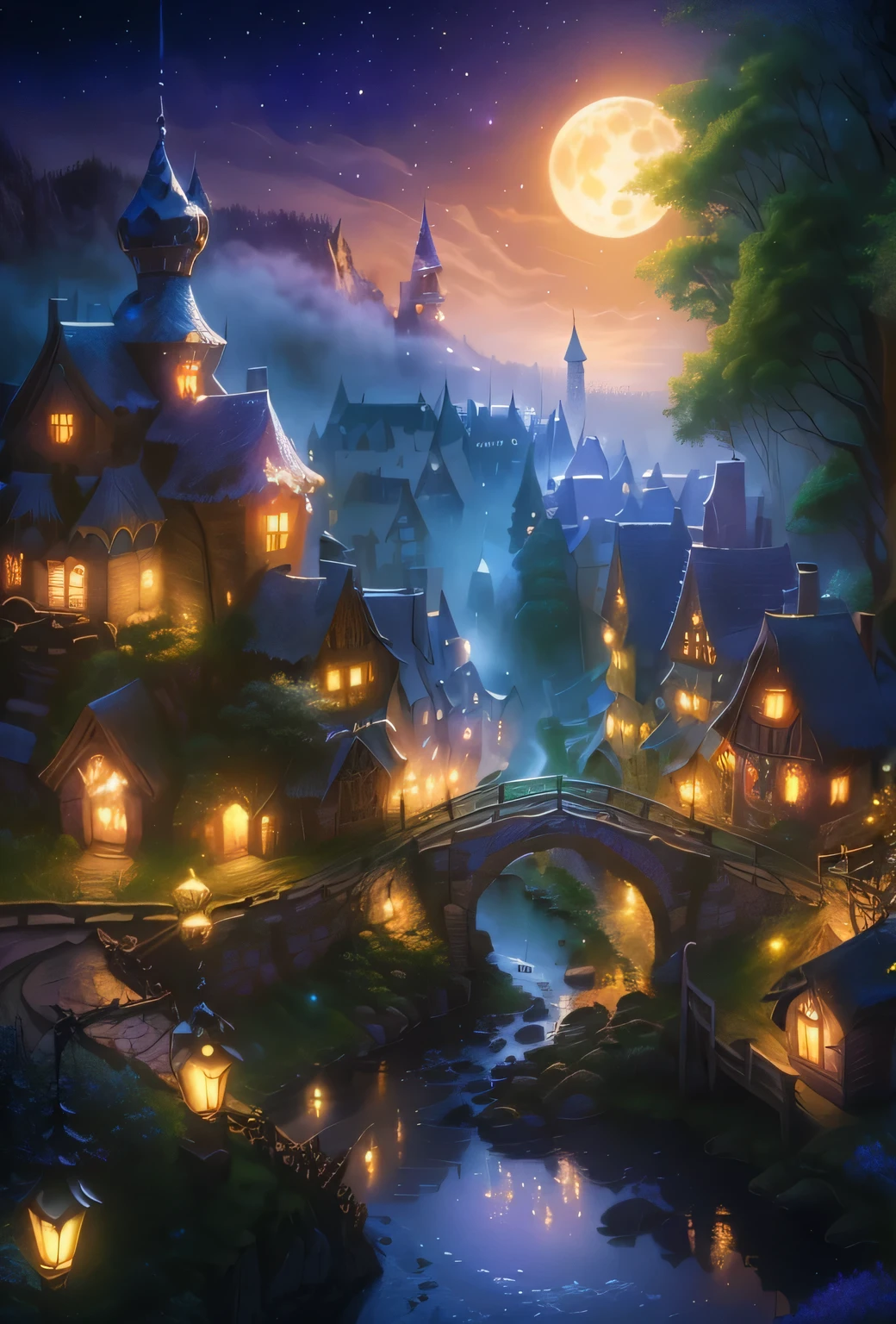 Night view of fairytale village with bridge and full moon, Magical Village, medeival fantasy town, Night village background, fantasy town, a bustling magical town, fantasy town setting, Fantasy painting,Lovely, Detailed fantasy digital art, Whimsical fantasy landscape art, Background artwork, Beautiful fairy tale, 4k highly detailed digital art