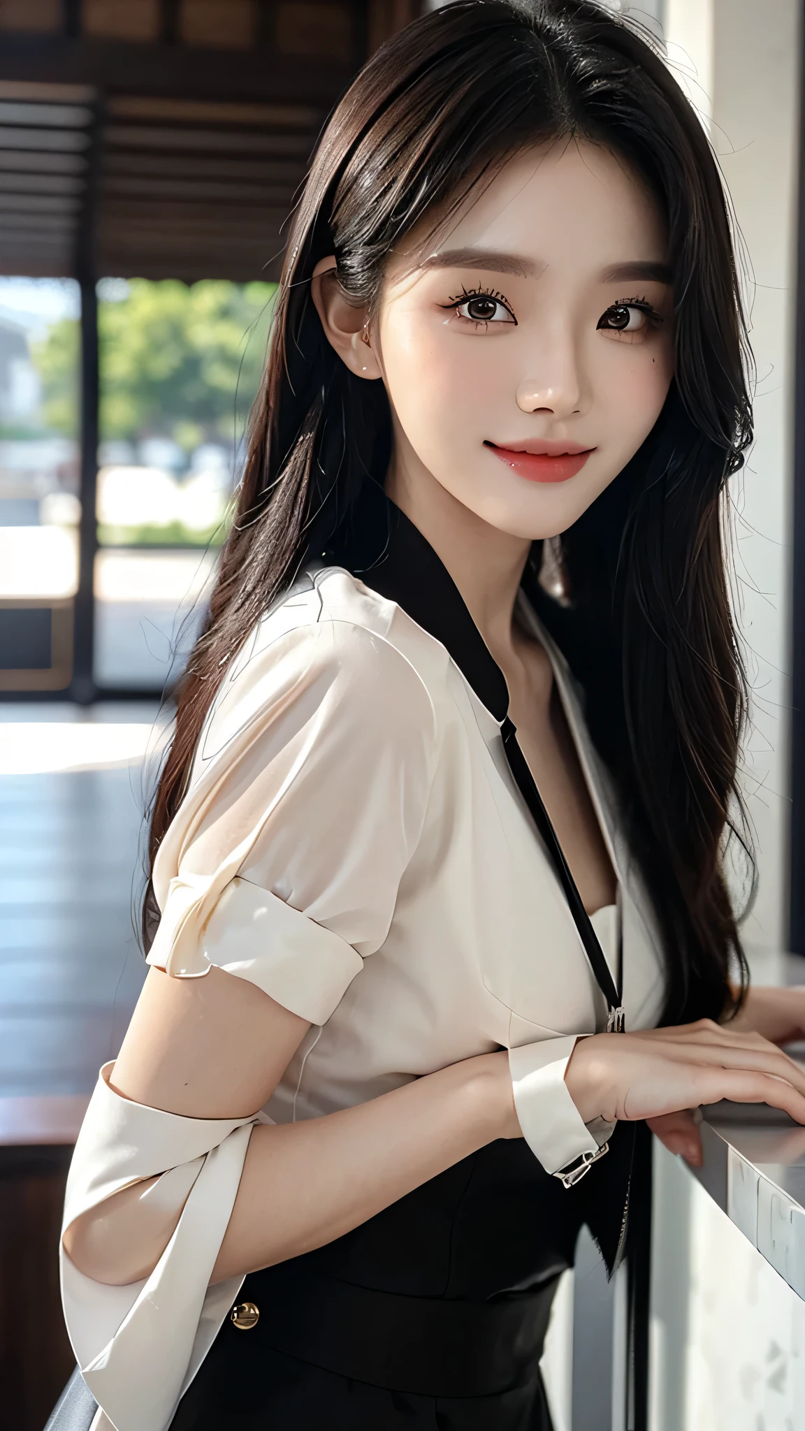 masterpiece、top-quality)、1 beautiful girl、((Wearing black sunglasses )), (Detailed beautiful eyes), ((Detailed skin)) , ((Detailed medium hair)), inside the black villa、((Boyish Brown Medium Hair))、((Smaller face))、((Neutral face))、((Face seen from the side))、((Light brown eyes))、((Korean Girl))、((18year old))、((cool lady))、((A shy smile on his face))、((Korean Makeup))、((elongated and sharp eyes))、((Happy dating))、((boyish))、((Shot from the same height as your face)、inside the white villa ), ((CG rendering)), ((Blurred background)), ((16K)), ((Very detailed)), ((wallpaper)), ((depth of field))