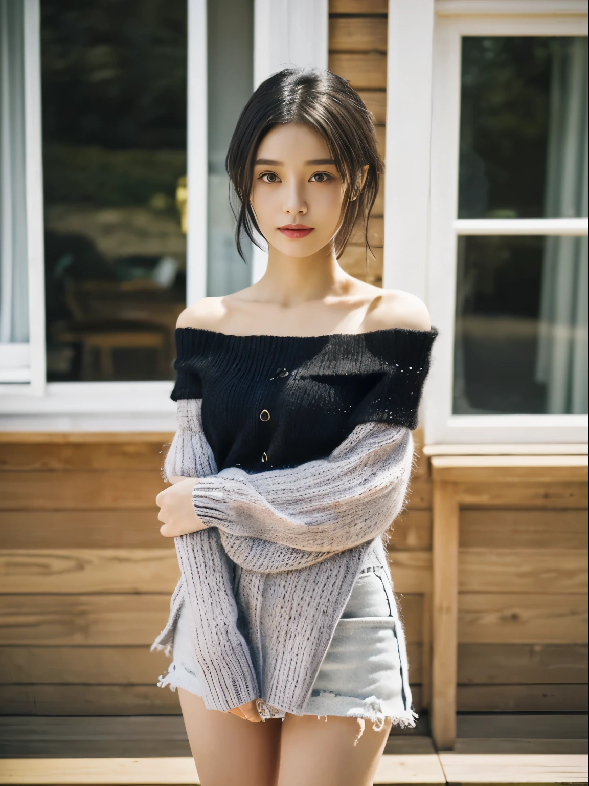 (top-quality、8K、​masterpiece:1.2),  (Cute Japan Beautiful Girl、18year old:1.4)、(Neat and beautiful face、the golden ratio:1.5)、 (Very fine eye definition, Symmetrical eyes:1.3), (Brown eyes, Parted bangs, Lustrous black hair:1.2)、(Perfect body without contradiction、Perfect limbs without contradiction:1.7)、(shinny skin:1.2)、(Beautiful large breast:1.7)、(Constricted waist:1.5)、(Off-the-shoulder loose knit、tight miniskirt:1.3) 、(bending forward:1.2)、(Looking at the camera:1.4)、outside of house、the wind、optic、blurry backround