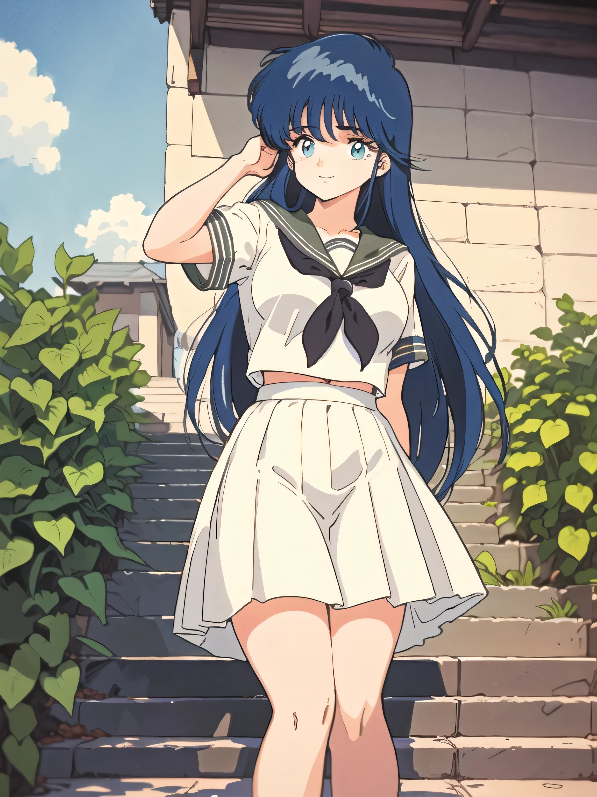 (masterpiece, high quality、Vivid colors:1.0、Anime Style、Retro art style、Clean brush strokes、Very detailed、Perfect Anatomy、Browsing Caution)、1 girl、 alone、((ayukawa madoka)), (Beautiful, detailed eyes)、blue eyes、(Blue Hair、Long Hair、Parted bangs、Hair blowing in the wind)、smile、Cowboy Shot、(Huge breasts:1.7、(Sailor suit、Short sleeve))、Narrow waist: 1.0、Wide Hips 1.4、(Midi Skirt:1.0、 School Uniforms)、(Sit on the stairs)、Looking at the audience、(null、 garden、 Stairs on the hill、Shot from below、