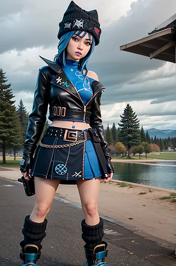 (full body:1.1) (hopefn), blue lips, beanie, navel, blue hair, jacket, skirt, belt, fingerless gloves, in park
