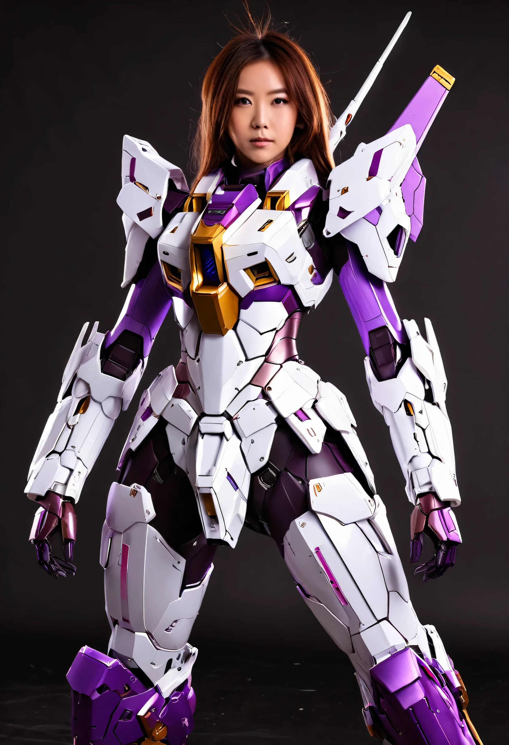 Top Quality, Masterpiece, Ultra High Resolution, (Photorealistic: 1.4), Raw Photo, blonds Hair, Glossy Skin, (1 Mechanical Girl), (Ultra Realistic Detail), Portrait, Global Illumination, Shadows, Octane Rendering, Ultra Sharp, (flat chest:1.3), Cleavage Exposed Raw Skin, Metal, Intricate Ornament Details, Japan Details, Very intricate details, realistic light, CGSoation trend, purple eyes, glowing eyes, facing the camera, (neon details, mechanical limbs, blood vessels connected to the tube, mechanical vertebrae attached to the back, mechanical cervical attachment to the neck, wires and cables connecting to the head, (gundam:1.3), small LED lamps:1.2), full body, (any pose:1.4), (midriff peek:1.2)