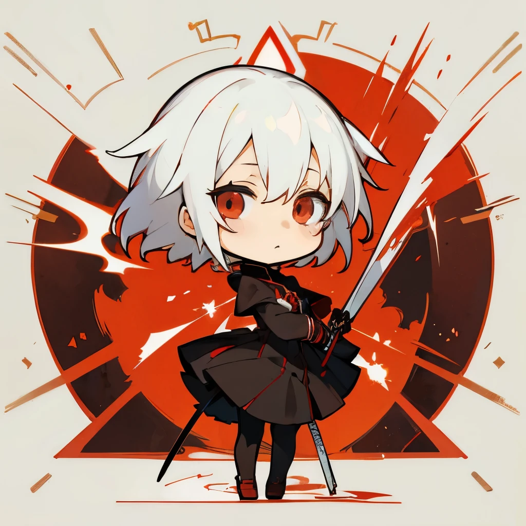 ((Art style)), ((chibi)), kaedara kazuha, neutral face, white hair with a little red in left up, facing forward, stand up straight