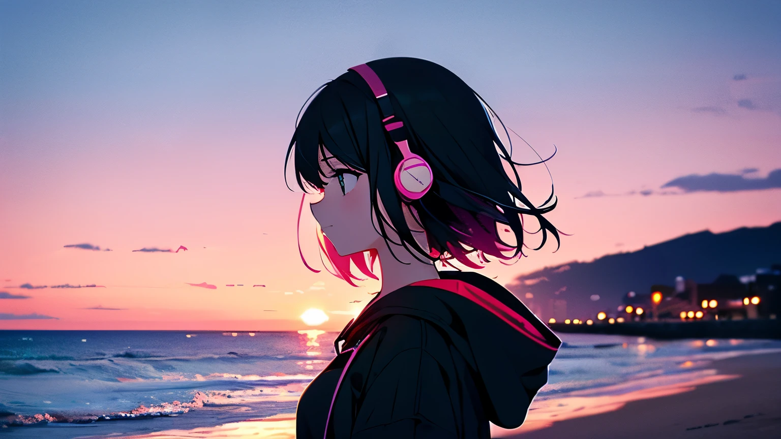 The beach in the evening. Pink sky.
A girl with black hair is staring at the sea in the distance.
She is listening to music on headphones.
Profile. Upper body.