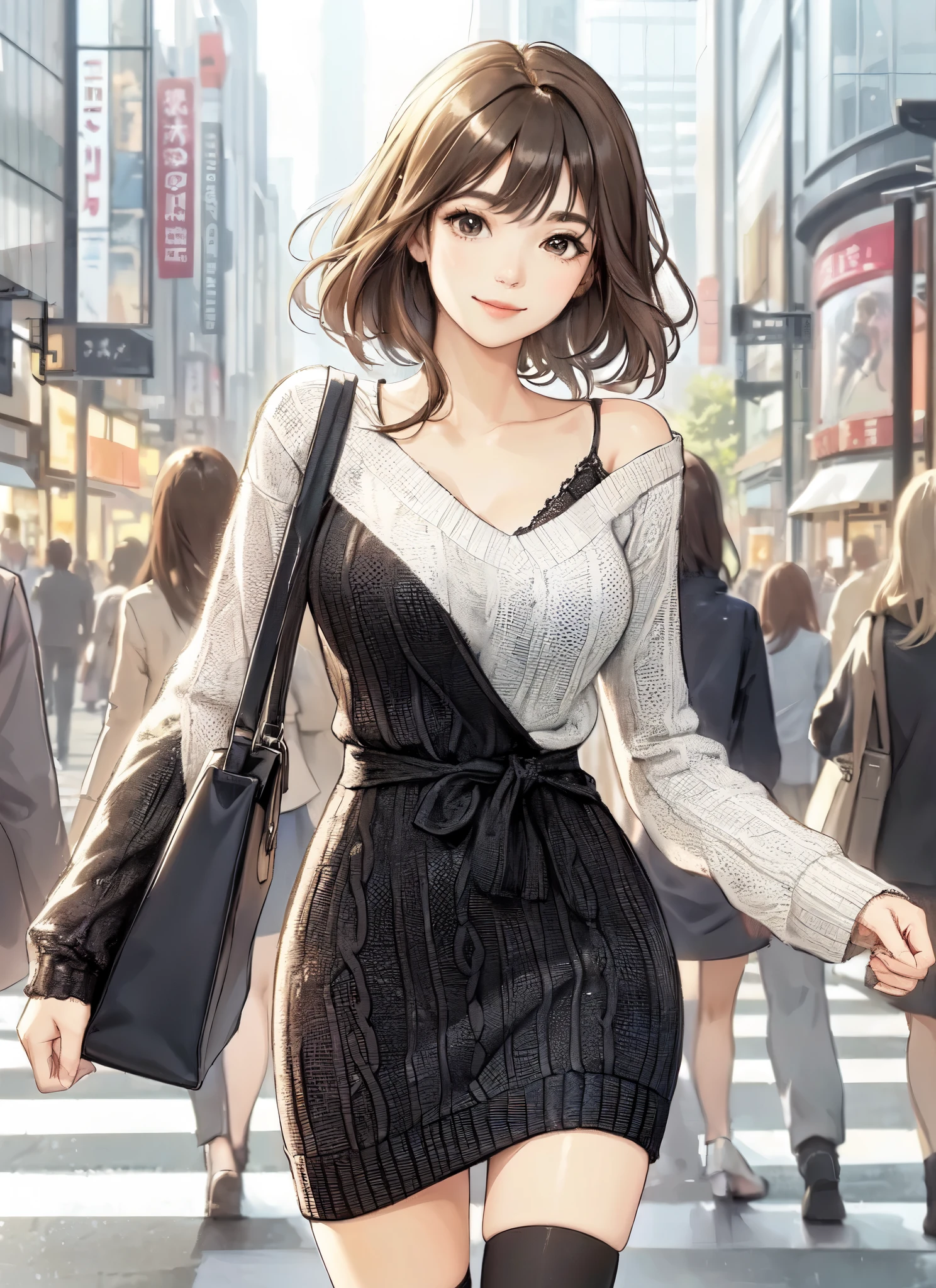 1lady solo, (strolling through city), (stylish outfit), (knit dress) (black and white theme), mature female, /(dark brown hair/) bangs, kind smile, (masterpiece best quality:1.2) delicate illustration ultra-detailed, large breasts BREAK (holding designer's bag) BREAK (populous downtown) outdoors, shopping street, crowded, noon, detailed background