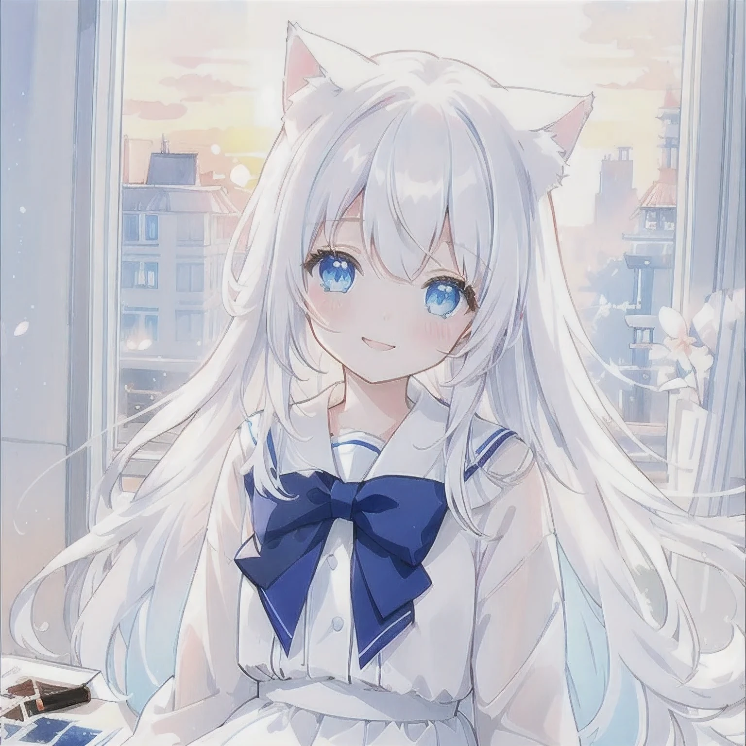 (8K, best quality, masterpiece: 1.2), (best quality: 1.0), (ultra-high resolution: 1.0), a cute girl,smile,long white hair, white cat ears, blue eyes, white skirt,watercolor, Trishuna, author: agnes cecile, half body portrait, extremely bright design, soft colors, (ink: 1.3), summer lighting,sunset