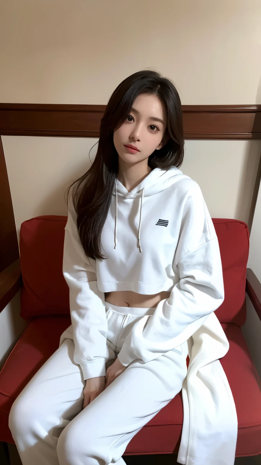 (Photorealistic),(Masterpiece),(ultra-detailed),a very close shot of very beautiful and tall but so delicate and weak and thin and fragile and slender because she hasn’t eaten for a month,wearing a loose crop hoodie and loose sweat pants ,have absolutely no fat or muscles, quite tall but very small and feeble and fragile body frame and figure,enduring extreme hunger,big eyes and very small face,about to faint but resisting,extremely severely malnourished,trying to stay positive,legs and waist thin as arms,hunger in eyes, sitting on a chair,can see all her bones, stomach carved inwards
