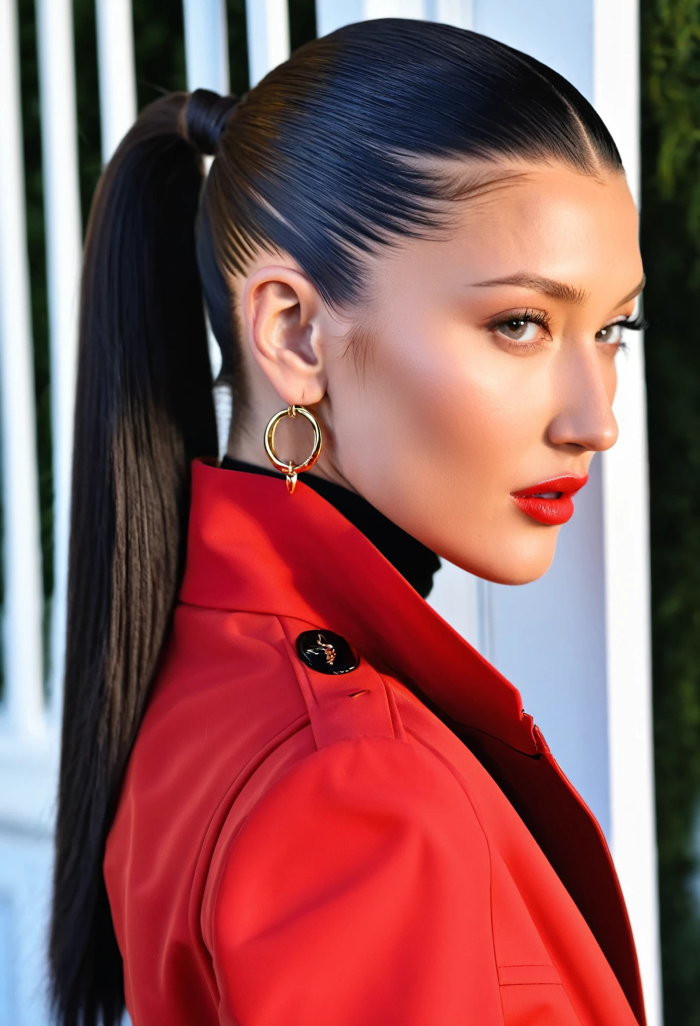 Close up portrait of long-haired woman in red jacket, bella hadid, Slicked back hair, Bella Porch, Smooth black hair, Straight Hairstyles, hair in slick low ponytail, high cheekbones, Portrait of Sophie Mudd, 後ろにSlicked back hair, Aleksandra Waliszewska, Great model, Beautiful cheekbones, Strong red shades