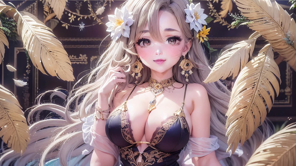50 year old mature woman, Looking at the audience, Attractive breasts,Sensual curves、bubble、Full Body Shot,Nightgown, Charming smile, Thick lips, plump唇, blush, Looking at the audience, Provocative expression, Beautiful Hairstyles, Cleavage, plump、Curvy Hips、Attractive face、Mischievous face、Sexy Lingerie、An inviting gaze、Expressing emotions、colored feather, Money属装飾品, particle, Light, (masterpiece, highest quality, highest quality, Official Art, beautifully、aesthetic:1.2), (1 girl:1.3), Very detailed,(Fractal Art:1.1),(colorful:1.1)(flowerズ:1.3),Most detailed, (Dynamic pose), (Shiny skin), (Many colors :1.4), ,(Earrings:1.4), (feather:1.4),masterpiece, 30~40 years, Mr.々Hair style,Moneyのヘッドバンド,Tulle covers the chest,Perfect balance, Detailed details of the garment,marble,cinematicLighting, Film Grain, contrast of Light and dark,High detail,(((Gorgeous Accessories))))、Openwork decoration,(((See-through dress)))、(((Anatomically correct body))) ,1 girl, (High resolution), (8k), (Very detailed), Perfect Face, Beautiful eyes and face, (((highest quality))), (Very detailed), Detailed face and eyes, Beautiful Eyes,(((Sexy pose,Beautiful Eyes、Transparent double eyelids、(((Super gorgeous background)))、Bright Eyes,Money,diamond,gem,Body Chain,Luxury Accessories,beautifully、aesthetic,flower、(((Super gorgeous background)))、Bright Eyes