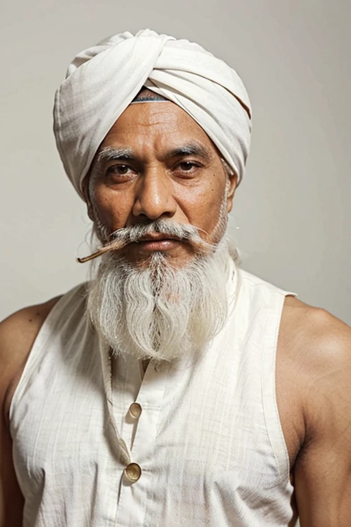 Old Indian man wearing a Gujarati style turban wearing white kurta with wide white moustache and white beard it should be funny looking