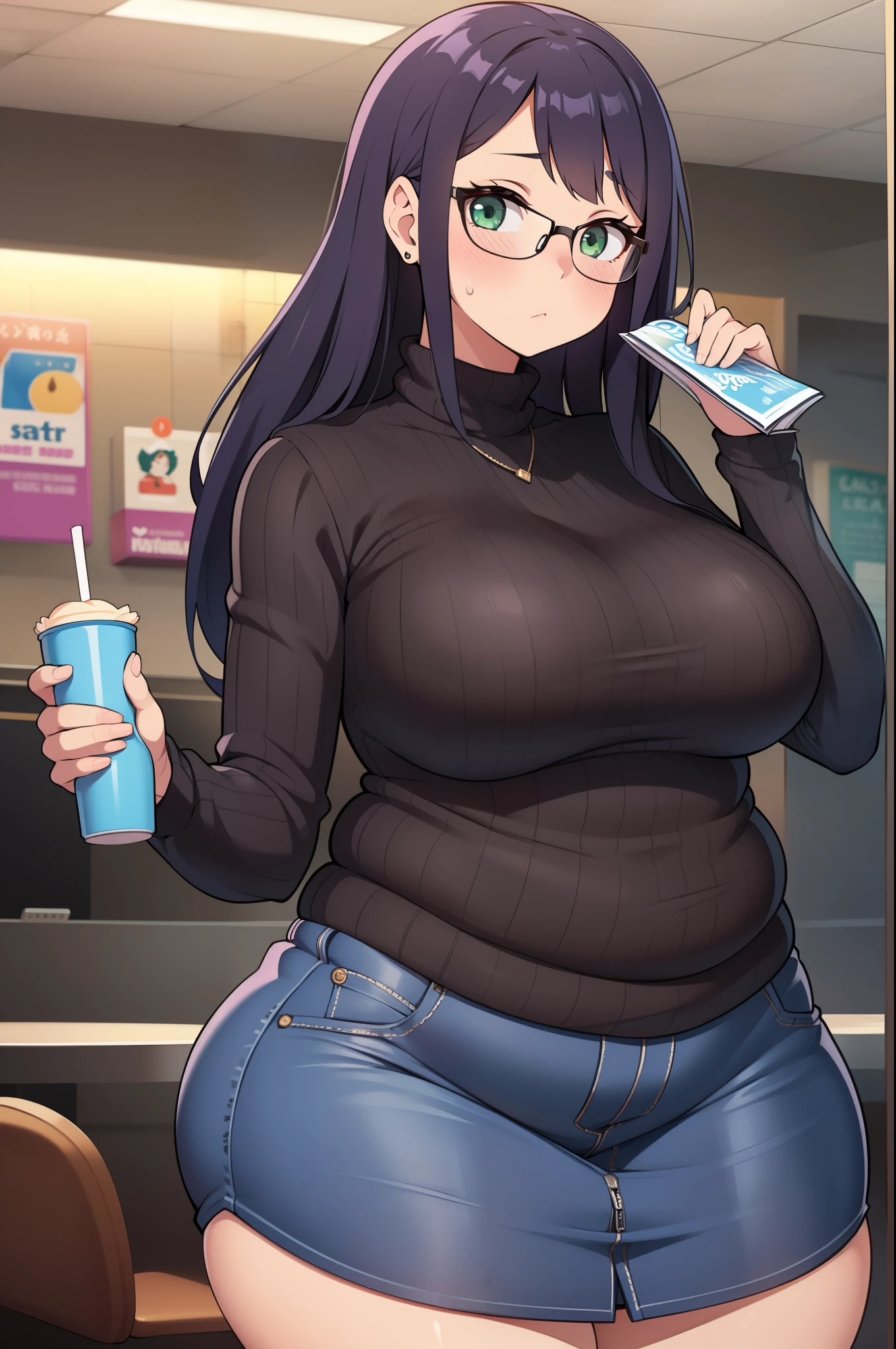 ((Masterpiece)), perfect anatomy, perfect shading, field of depth, (best quality), extremely delicate and beautiful, perfect lighting, detailed face, ultra cute face, cute, ((1girl)), ((solo))

long fluffy black hair, glasses, green eyes, ((blush)), nervous, looking at viewer, sweater, short skirt, medium breasts, ((thick thighs)), (wide hips), ((plump)),

intricate background, detailed background, fast food restaurant,
