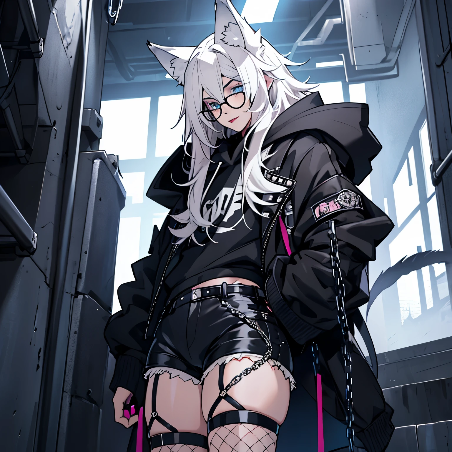 Single boy, Anime boy, Short, Long white hair, wolf ears, has wolf tail, blue eyes, wearing black shorts, thigh high fishnets, oversized cropped black hoodie, solo boy, only one boy) solo, alone, (SOLO)(ALONE) thicc thighs, wide hips, blue eyes, perfect eyes, perfect face, wearing pink lip gloss, happy, curvy, sparkly blue eyes, wearing large round glasses, solo male, has long hair, goth makeup, goth aesthetic, fishnets, chain accents, straps on clothing, rivets