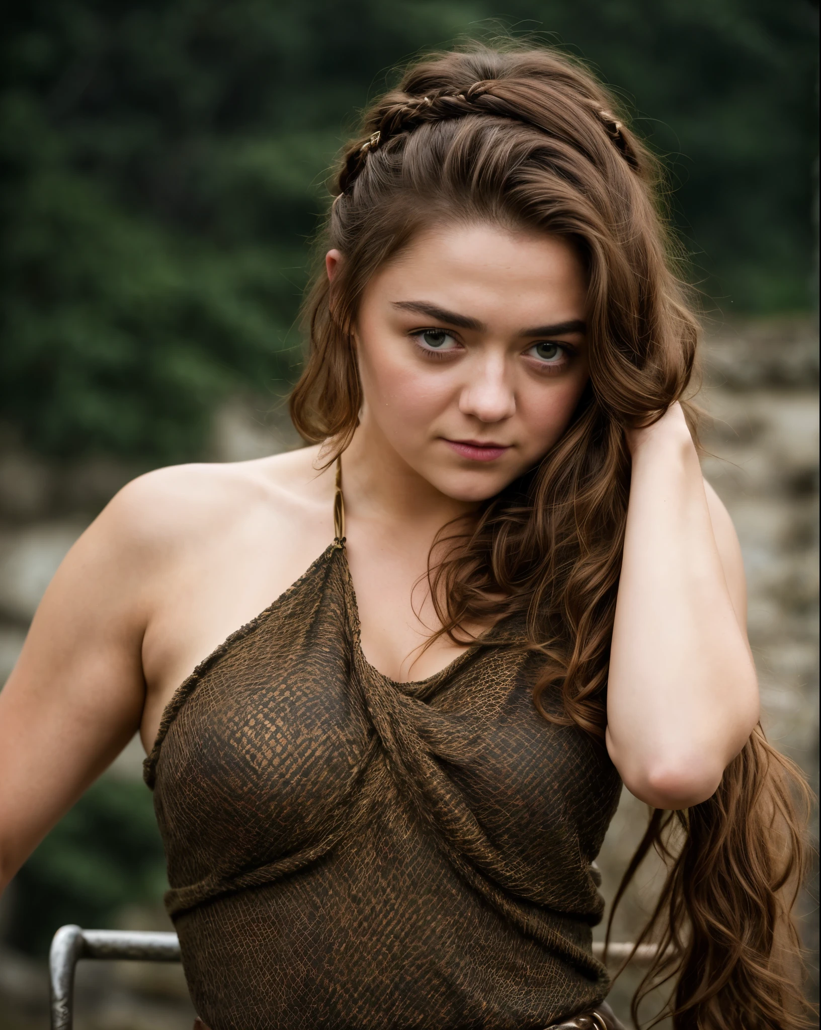 Foto RAW, Arya Stark, Stunning Beauty, Ravishing, Enchantress, Extremely gorgeous lady, Arya Stark PLAYED BY MAISIE WILLIAMS, Queen Arya Stark, she a mature woman now, milf, sexy mediaeval battle dress, gladiator woman, body, 40 years old Woman, Roman slave dress, cotton dress, busty mediaeval costumes, body revealing costumes, perky breast, big natural breast, erotic costumes, lusty physique, seductive figure can capture every people's attention, Game of thrones costumes, revealing captivating figure, Mediaeval costumes, revealing clothes, A tomboy, she would rather fence than dance, warrior queen , game of thrones screen caps, Game of Thrones Series, (pele altamente detalhada: 1.2), 8k UHD, DSLR, soft-lighting, alta qualidade, grain of film, Fujifilm XT3, flawless picture, highly detailed, detailed Beauty, intricate, 32k, sharp picture,