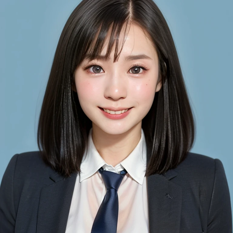 NSFW, (kawaii 24 year-old Japanese girl, Nogizaka idol, Korean idol), (glossy hair, very short hair, bangs:1.3), (beautiful black eyes, rounded face, single eyelid, no makeup, splash laughing:1.3), (wearing suit jacket, collared shirt, necktie:1.3), (extra small breasts:0.9), BREAK, (simple blue background:1.3), (view from forward, bust shot:1.3), BREAK, (masterpiece, best quality, photo realistic, official art:1.4), (UHD, 8K quality wallpaper, high resolution, raw photo, golden ratio:1.3), (shiny skin), professional lighting, physically based rendering, award winning, (highly detailed skin, extremely detailed face and eyes), Carl Zeiss 85 mm F/1.4, depth of field, (1girl, solo:1.3),