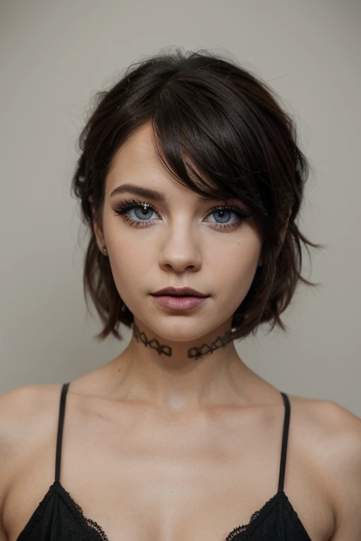 Defined face blue eyes gothic makeup eyeliner and eye shadows, cabello negro corto con flequillo estilo bob labios rojos voluminosos, primer plano en HD,  Intricate medieval 