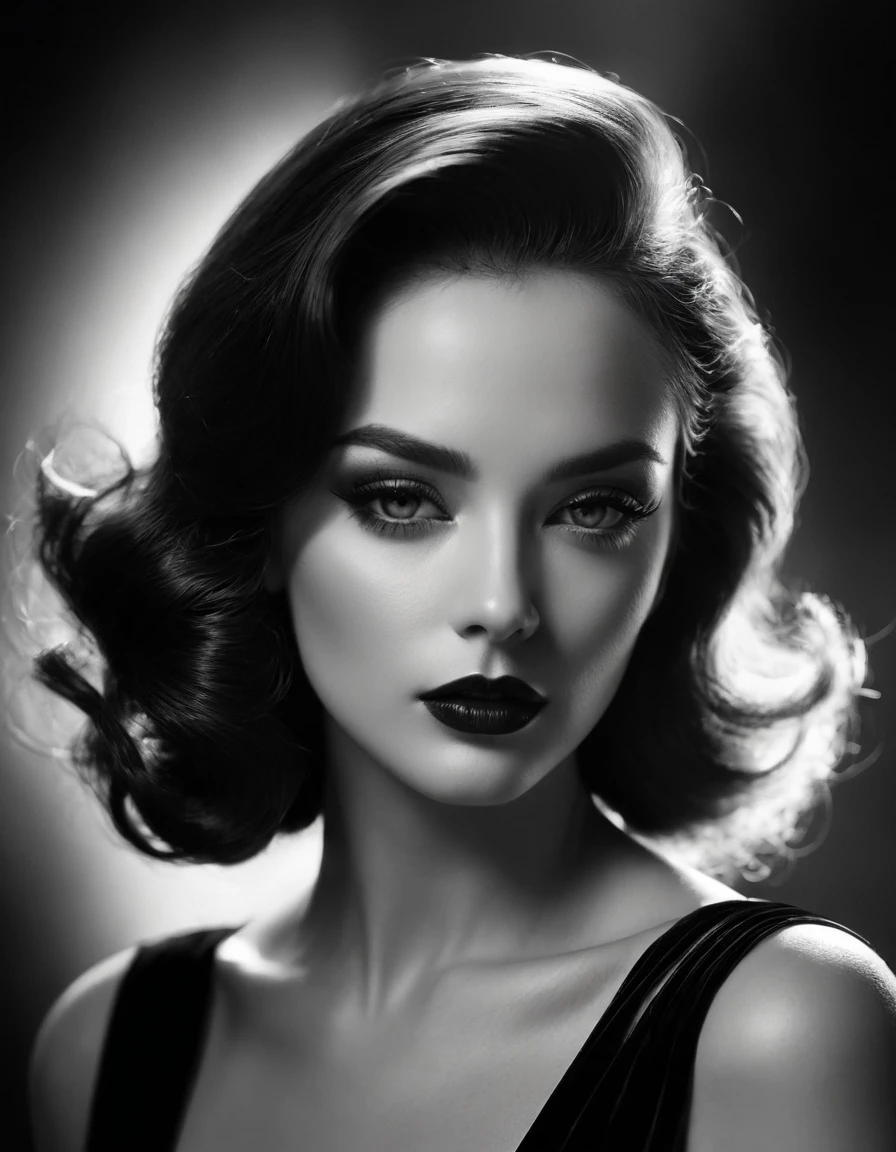 best quality,ultra-detailed,blackandwhite,portrait,monochrome,contrasting lights and shadows,classic film noir,high contrast,expressive facial features,dramatic expression,deep emotion,vintage style,artistic atmosphere,stylish clothing,old Hollywood,retro aesthetics,classic beauty,sharp focus,intense gaze,subtle texture, masterful composition, timeless elegance, Noir femme fatale,strong chiaroscuro,dynamic poses,striking silhouette,highly detailed eyes and lips,black velvet background,accentuate every line and curve,realistic monochrome art,Ianuarie artwork,visual storytelling,moody and mysterious,ethereal beauty,dark and glamorous,vignette effect