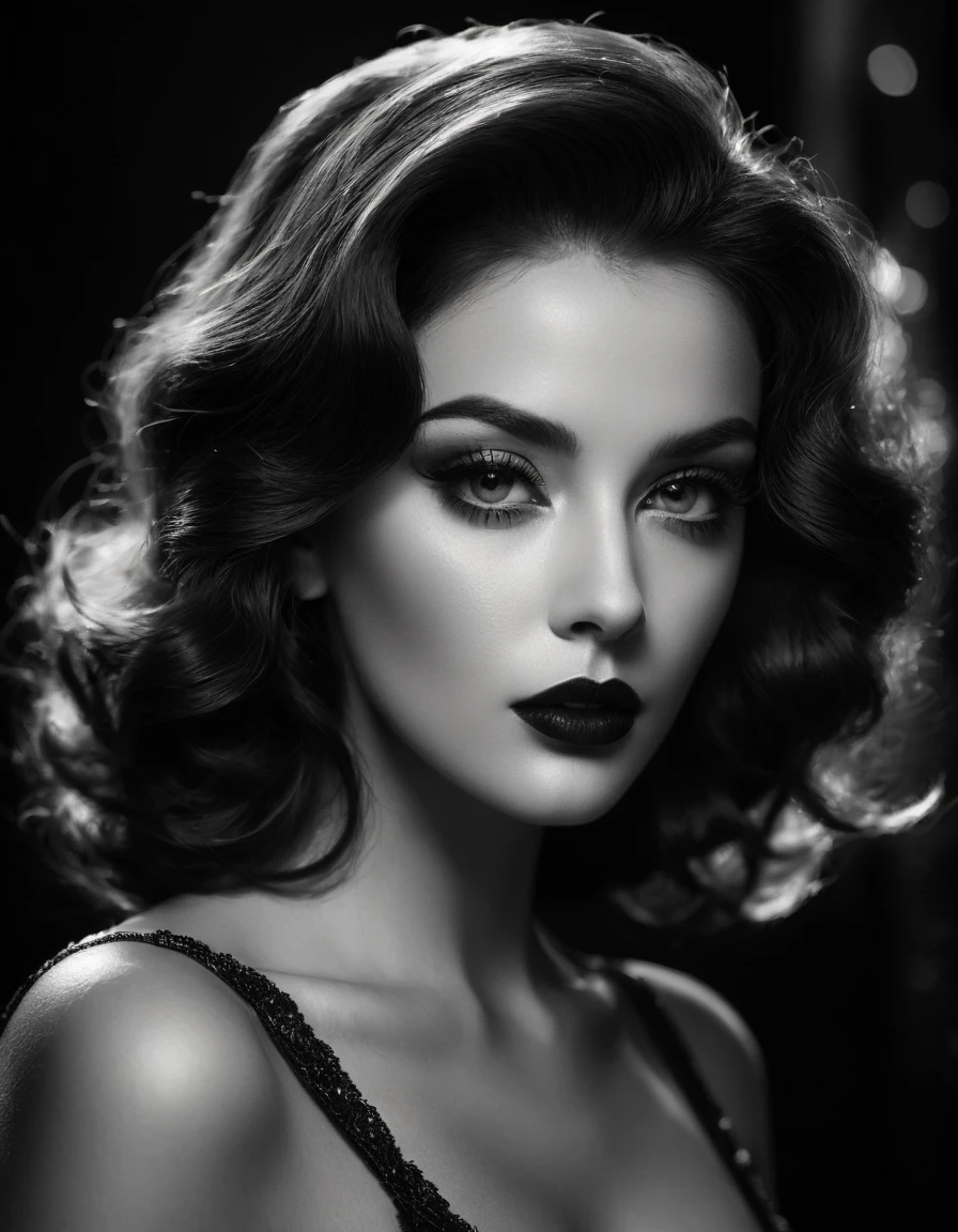 best quality,ultra-detailed,blackandwhite,portrait,monochrome,contrasting lights and shadows,classic film noir,high contrast,expressive facial features,dramatic expression,deep emotion,vintage style,artistic atmosphere,stylish clothing,old Hollywood,retro aesthetics,classic beauty,sharp focus,intense gaze,subtle texture, masterful composition, timeless elegance, Noir femme fatale,strong chiaroscuro,dynamic poses,striking silhouette,highly detailed eyes and lips,black velvet background,accentuate every line and curve,realistic monochrome art,Ianuarie artwork,visual storytelling,moody and mysterious,ethereal beauty,dark and glamorous,vignette effect